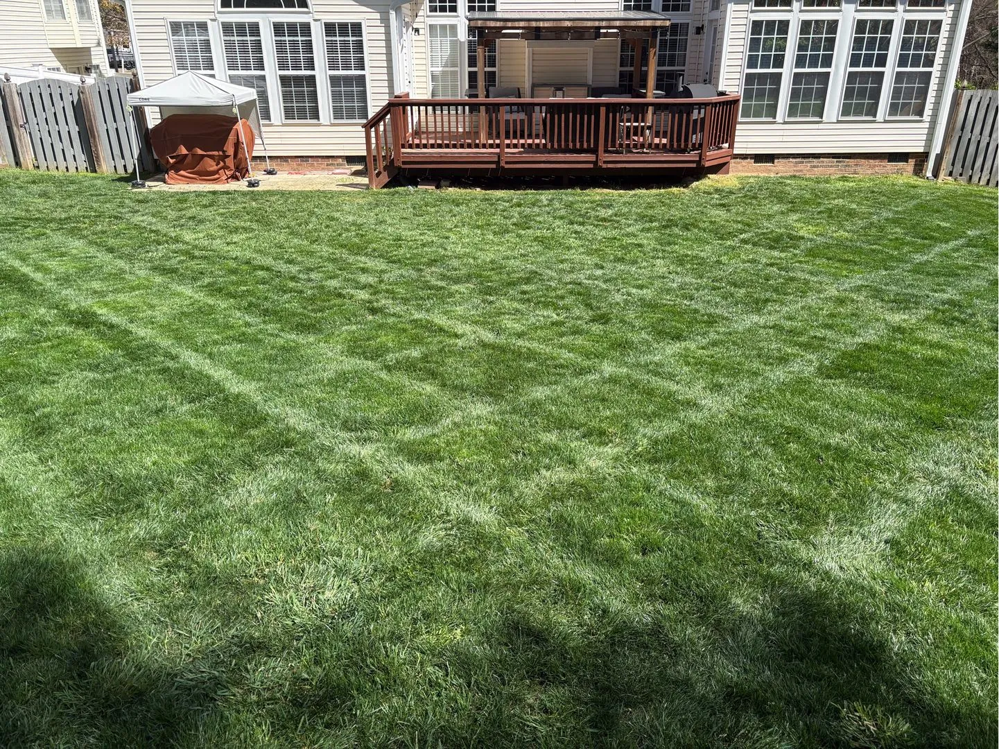 Freshly mowed green lawn with diagonal mowing lines, in front of a house with a wooden deck.