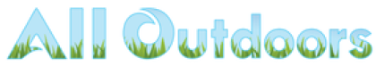 Text "All Outdoors" in blue with green grass pattern at the bottom of each letter.