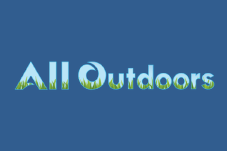 All Outdoors" text with grass design on blue background.